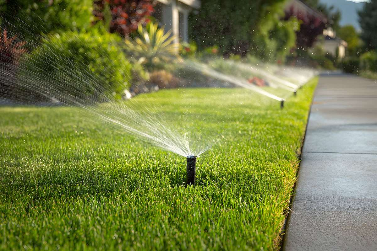 Sprinkler system watering a lawn on a sunny day.
